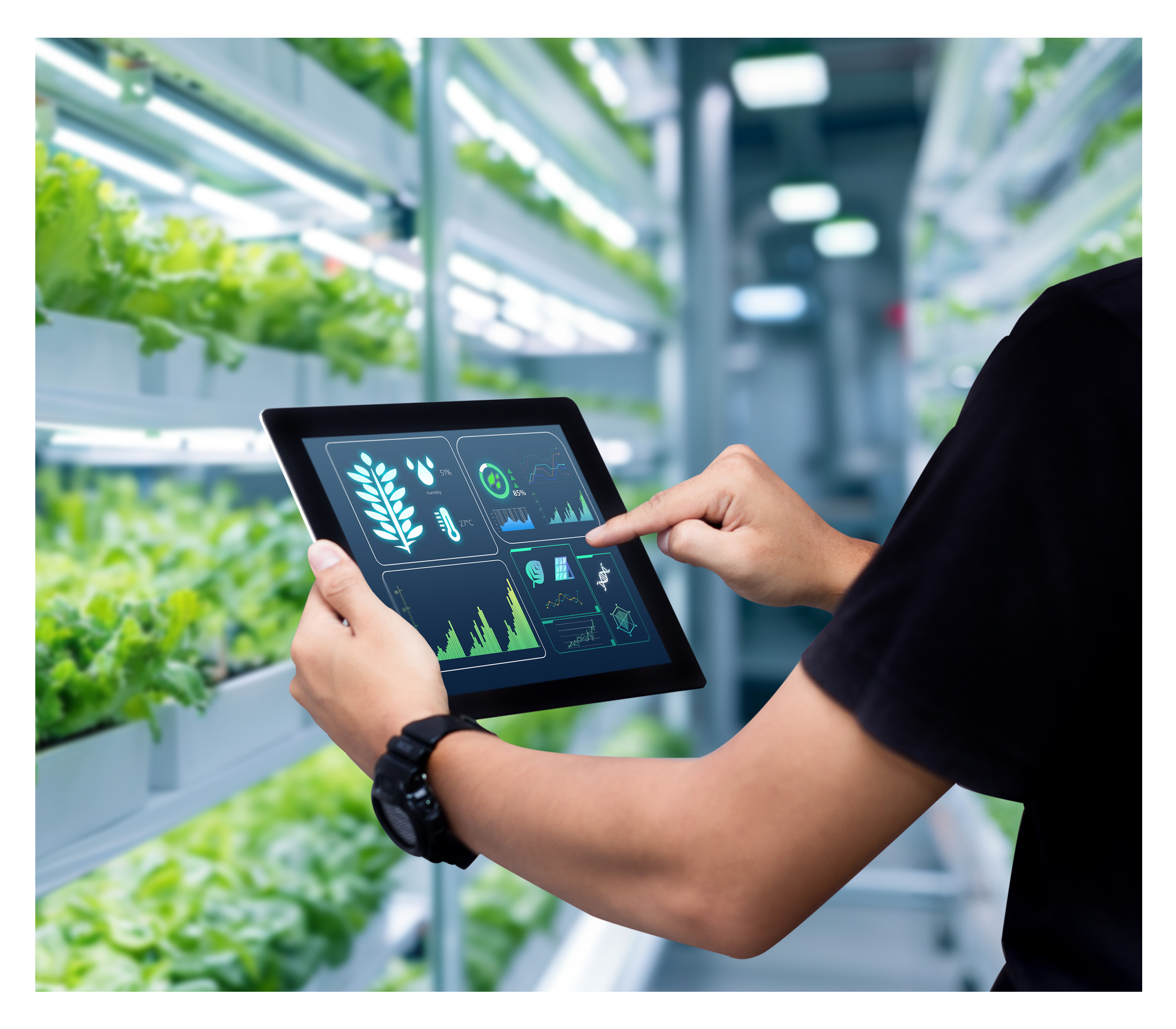 O is for Optimize, shows a greenhouse with a person with a tablet